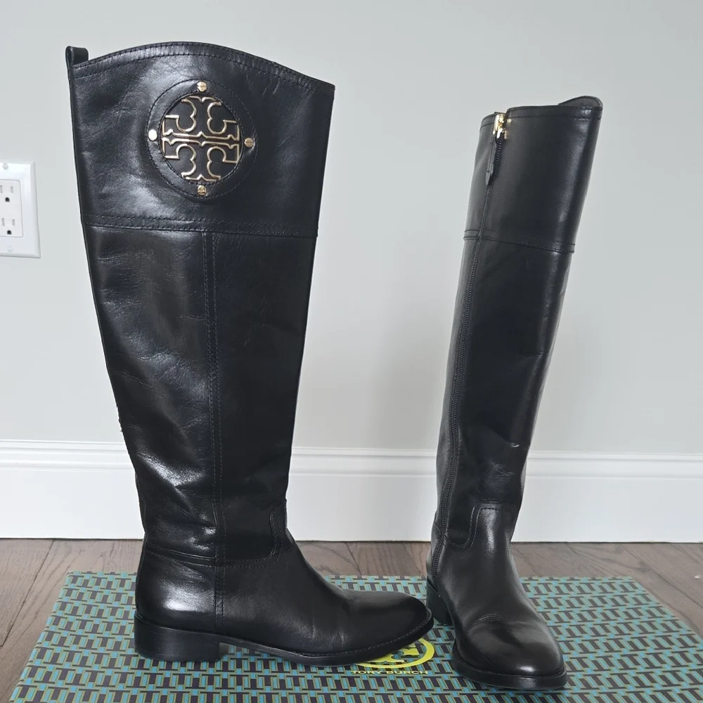 Tory Burch Black Leather Tall Riding Boots with Gold Logo